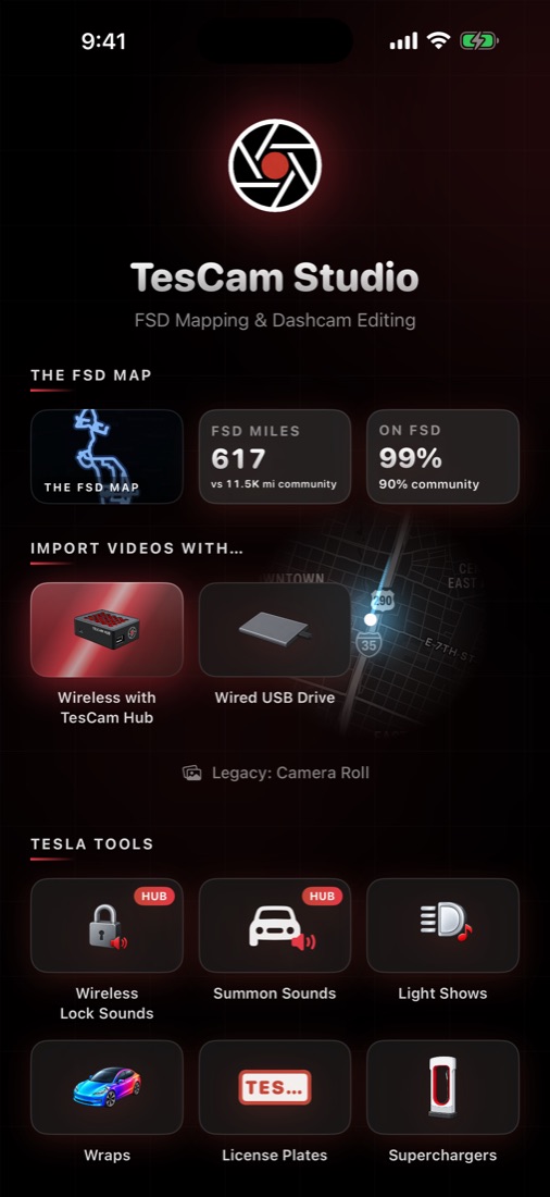TesCam Studio home screen with the FSD Map, Hub import and Tesla Tools